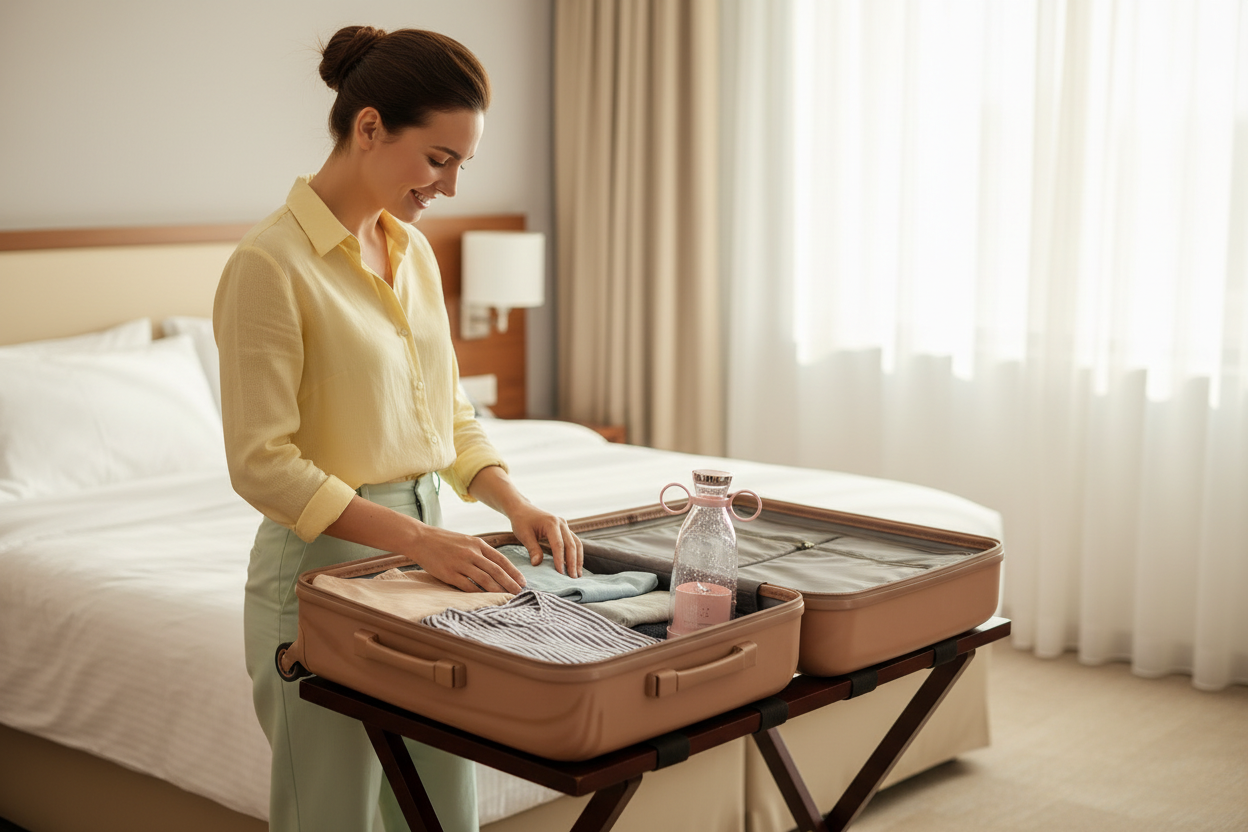 Woman packing suitcase with pink BlendGo blender